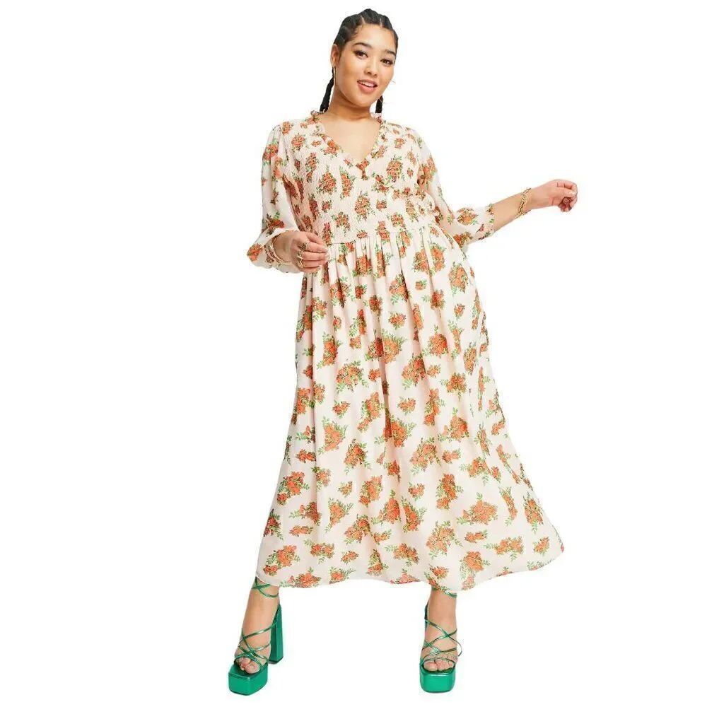 NWOT Womens Coral Orange Floral Roses Smocked Long Sleeve Maxi Dress
